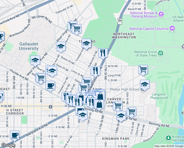 map of restaurants, bars, coffee shops, grocery stores, and more near 101 Independence Avenue Southeast in Washington