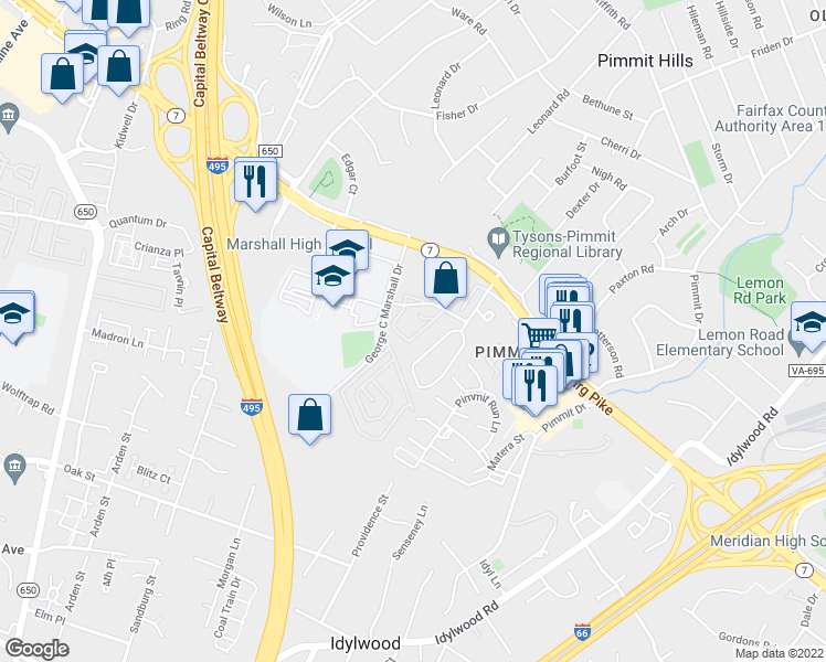 map of restaurants, bars, coffee shops, grocery stores, and more near 7733 Marshall Heights Court in Falls Church