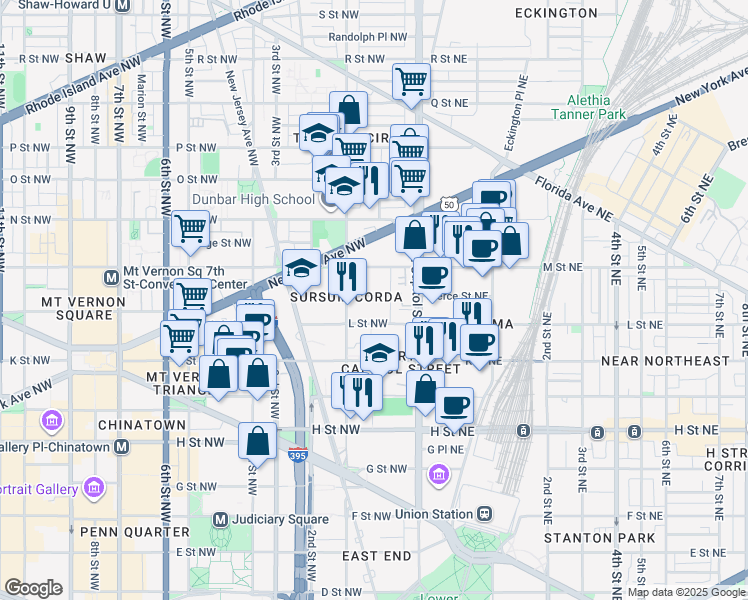 map of restaurants, bars, coffee shops, grocery stores, and more near 44 Banner Lane in Washington