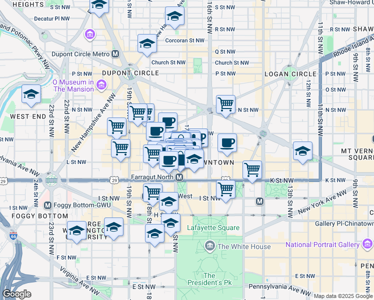 map of restaurants, bars, coffee shops, grocery stores, and more near 1145 17th Street Northwest in Washington