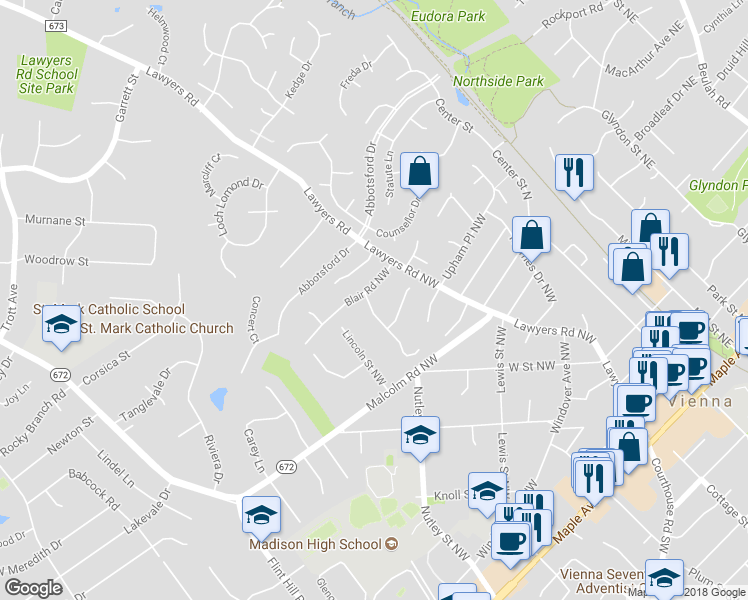 map of restaurants, bars, coffee shops, grocery stores, and more near 523 Woodland Court Northwest in Vienna