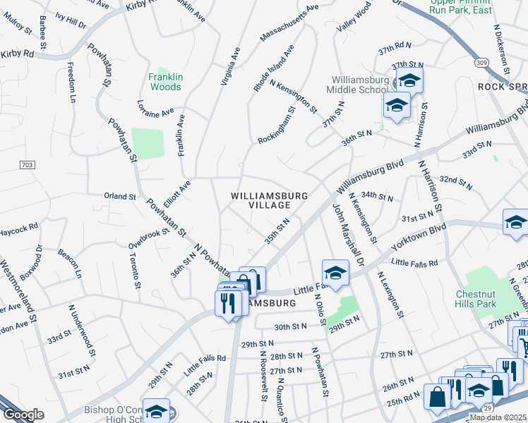 map of restaurants, bars, coffee shops, grocery stores, and more near 3519 North Ottawa Street in Arlington