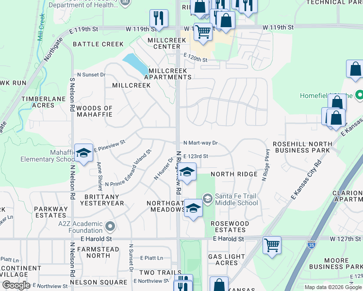 map of restaurants, bars, coffee shops, grocery stores, and more near 1300 East 123rd Street in Olathe
