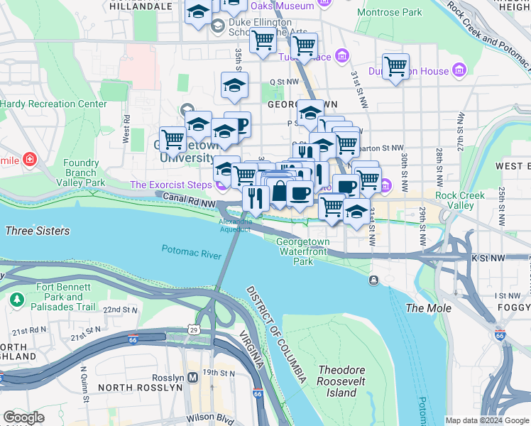 map of restaurants, bars, coffee shops, grocery stores, and more near 1111 34th Street Northwest in Washington