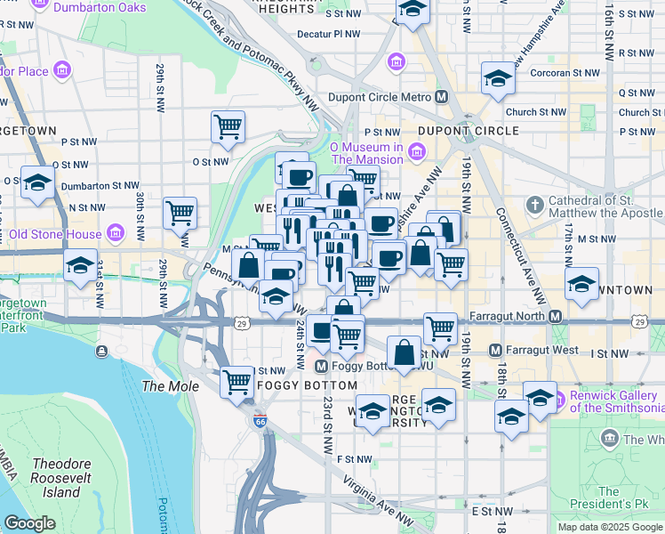 map of restaurants, bars, coffee shops, grocery stores, and more near 1155 23rd Street Northwest in Washington