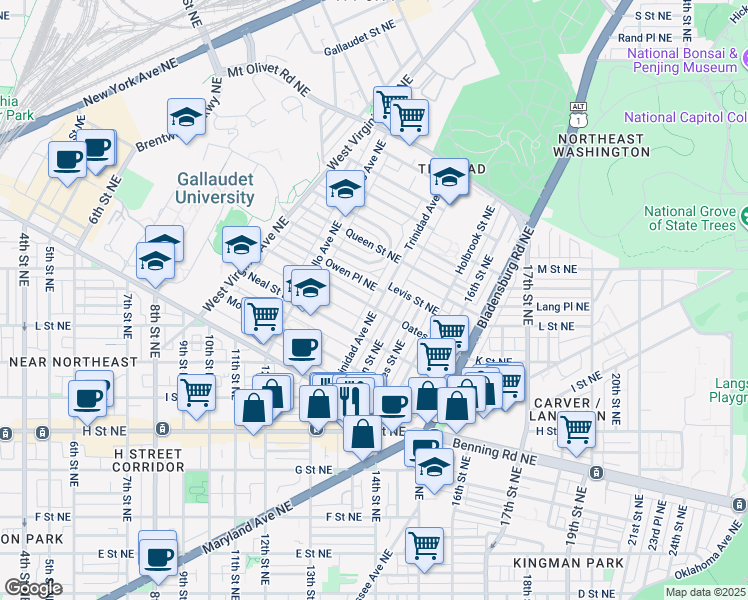 map of restaurants, bars, coffee shops, grocery stores, and more near 1404 Trinidad Avenue Northeast in Washington