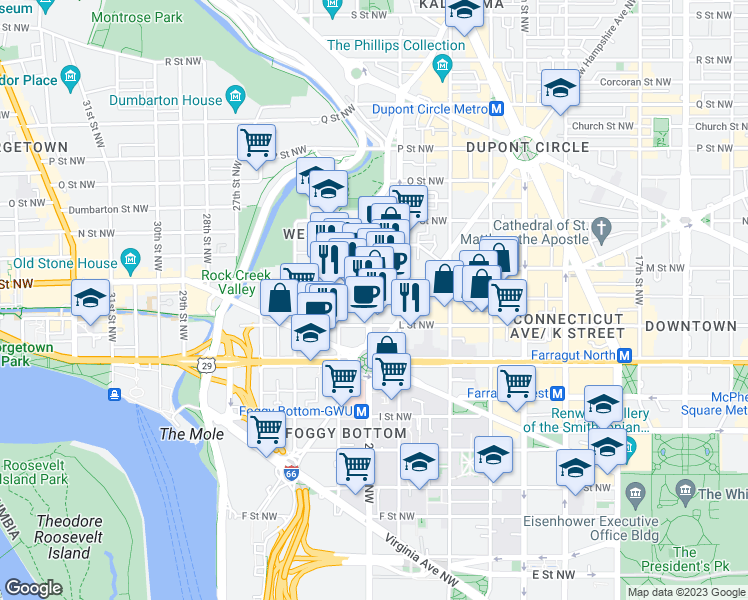 map of restaurants, bars, coffee shops, grocery stores, and more near 1155 23rd Street Northwest in Washington