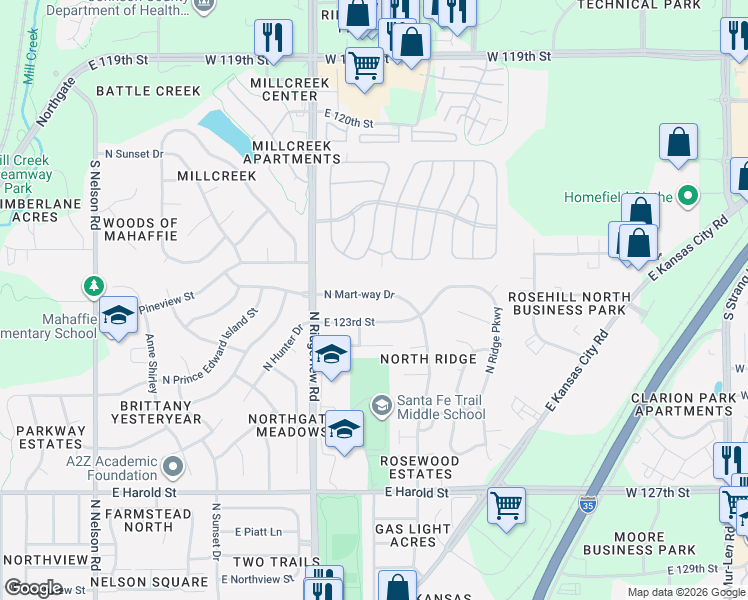 map of restaurants, bars, coffee shops, grocery stores, and more near 1336 East 123rd Street in Olathe