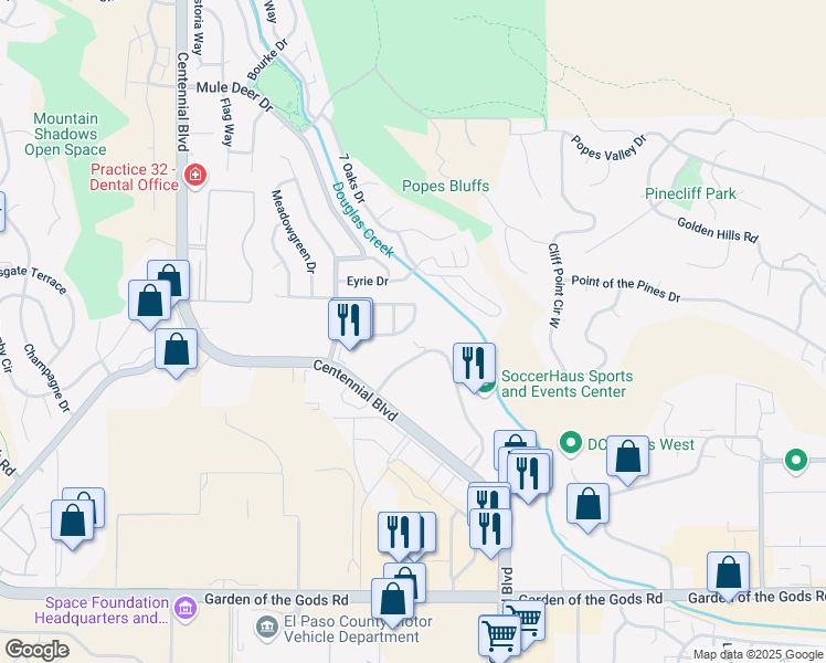 map of restaurants, bars, coffee shops, grocery stores, and more near 5055 List Drive in Colorado Springs