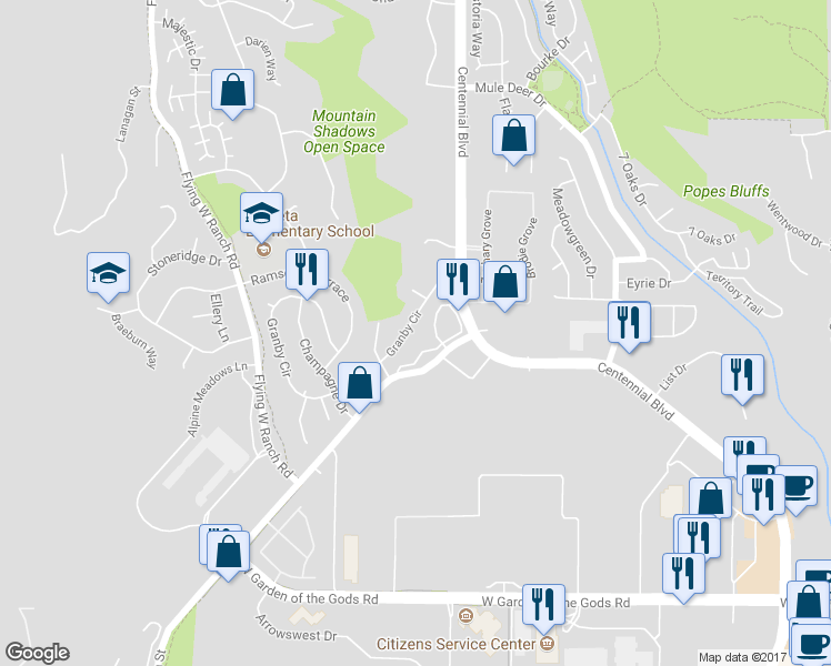map of restaurants, bars, coffee shops, grocery stores, and more near 4590 Granby Circle in Colorado Springs