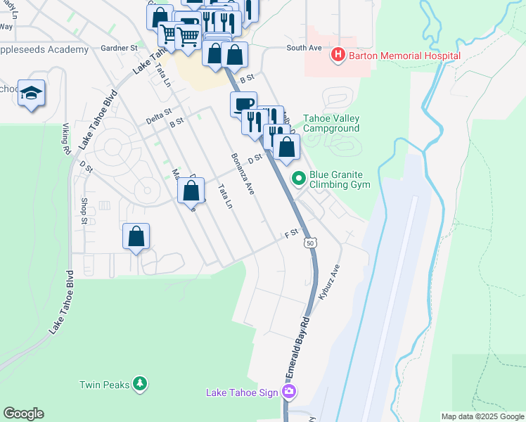 map of restaurants, bars, coffee shops, grocery stores, and more near 1262 Bonanza Avenue in South Lake Tahoe