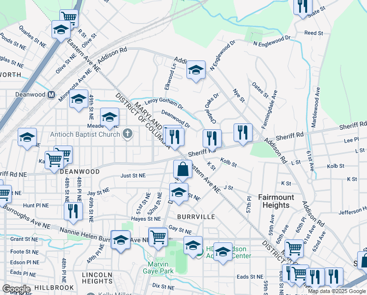 map of restaurants, bars, coffee shops, grocery stores, and more near 1103 Chapelwood Lane in Capitol Heights