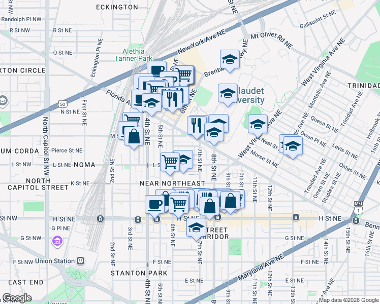 map of restaurants, bars, coffee shops, grocery stores, and more near 101 Independence Avenue Southeast in Washington