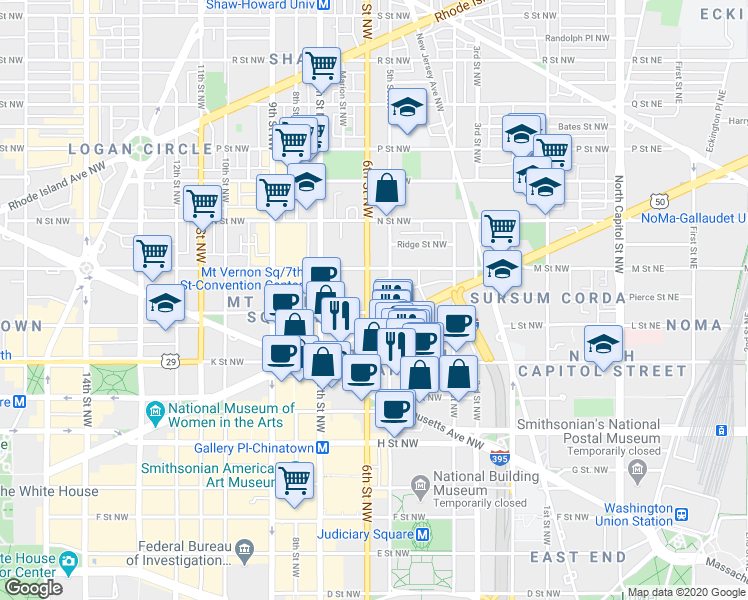 map of restaurants, bars, coffee shops, grocery stores, and more near 101 Independence Avenue Southeast in Washington