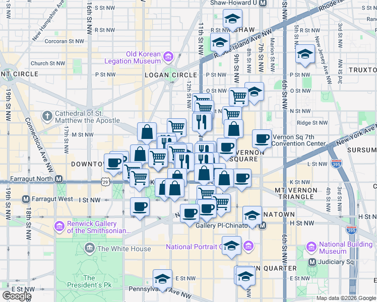 map of restaurants, bars, coffee shops, grocery stores, and more near 1101 12th Street Northwest in Washington