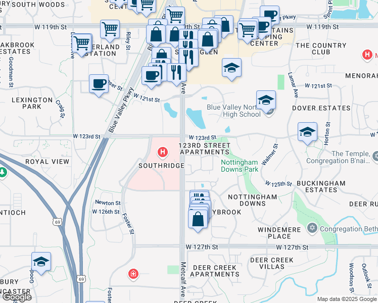 map of restaurants, bars, coffee shops, grocery stores, and more near in Overland Park