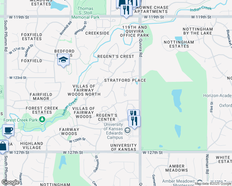 map of restaurants, bars, coffee shops, grocery stores, and more near 12229 Caenen Drive in Overland Park