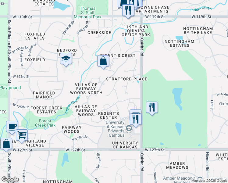 map of restaurants, bars, coffee shops, grocery stores, and more near 12221 Oakmont Street in Overland Park