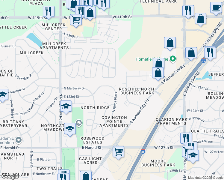 map of restaurants, bars, coffee shops, grocery stores, and more near 1530 East 123rd Terrace in Olathe
