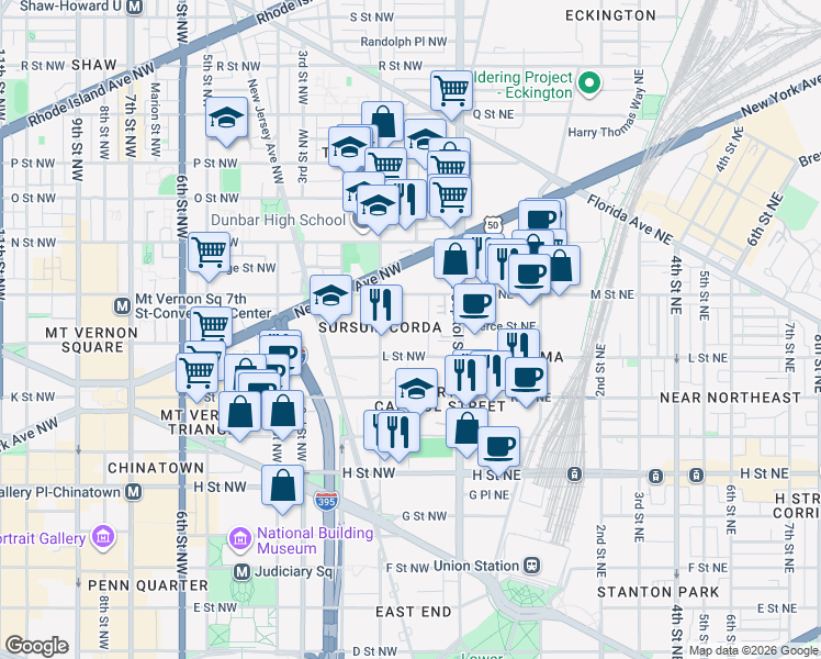 map of restaurants, bars, coffee shops, grocery stores, and more near 101 Independence Avenue Southeast in Washington