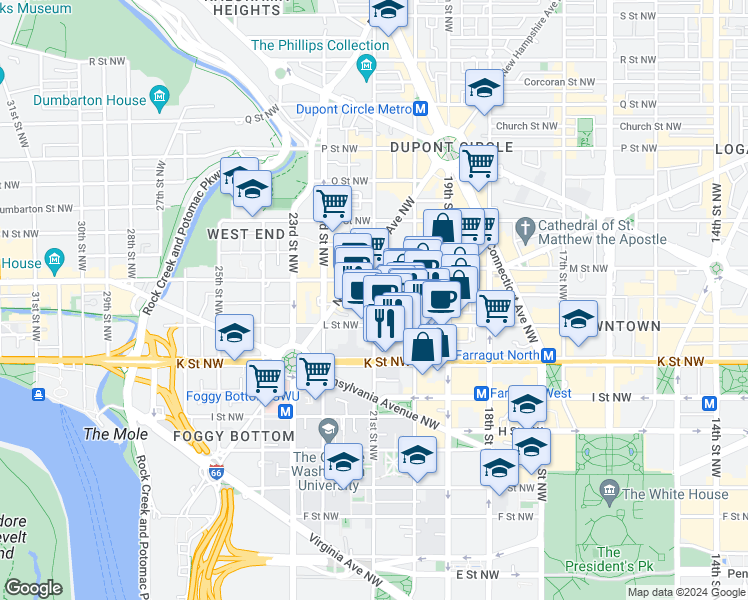 map of restaurants, bars, coffee shops, grocery stores, and more near 21st Street Northwest in Washington
