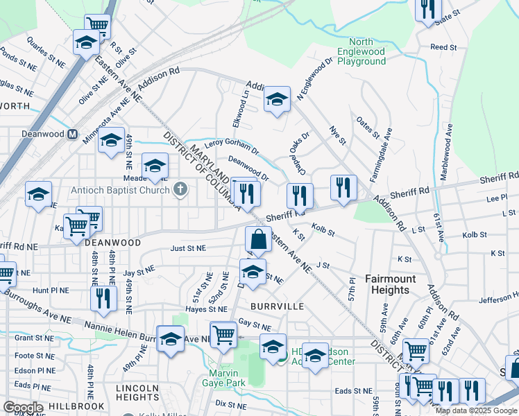 map of restaurants, bars, coffee shops, grocery stores, and more near 1103 Chapelwood Lane in Capitol Heights