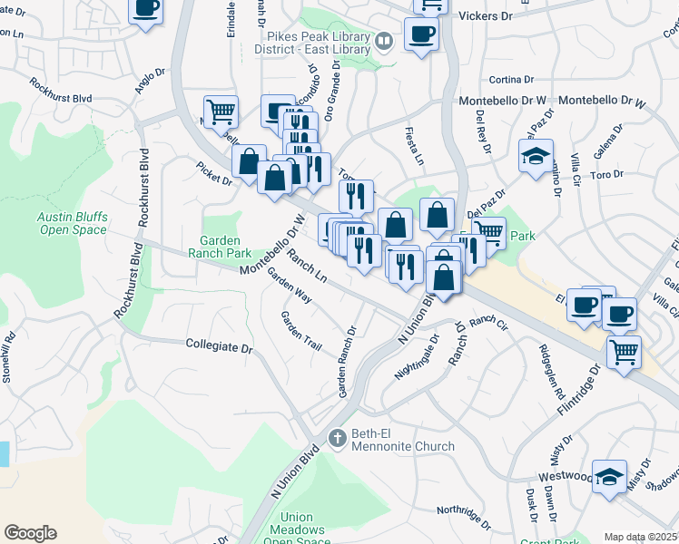 map of restaurants, bars, coffee shops, grocery stores, and more near 5240 North Academy Boulevard in Colorado Springs