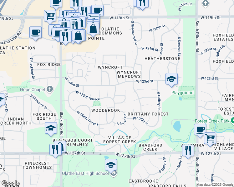 map of restaurants, bars, coffee shops, grocery stores, and more near 14408 West 123rd Terrace in Olathe