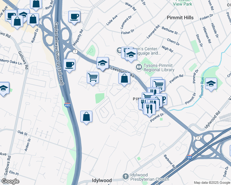 map of restaurants, bars, coffee shops, grocery stores, and more near 7735 Marshall Heights Court in Falls Church