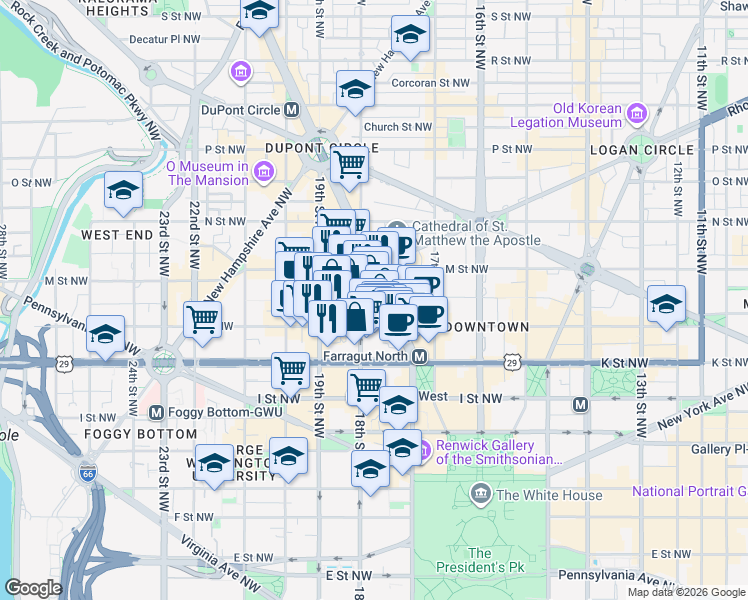 map of restaurants, bars, coffee shops, grocery stores, and more near 1130 Connecticut Avenue Northwest in Washington
