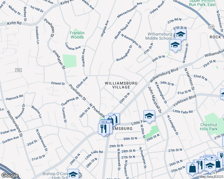 map of restaurants, bars, coffee shops, grocery stores, and more near 6127 36th Street North in Arlington