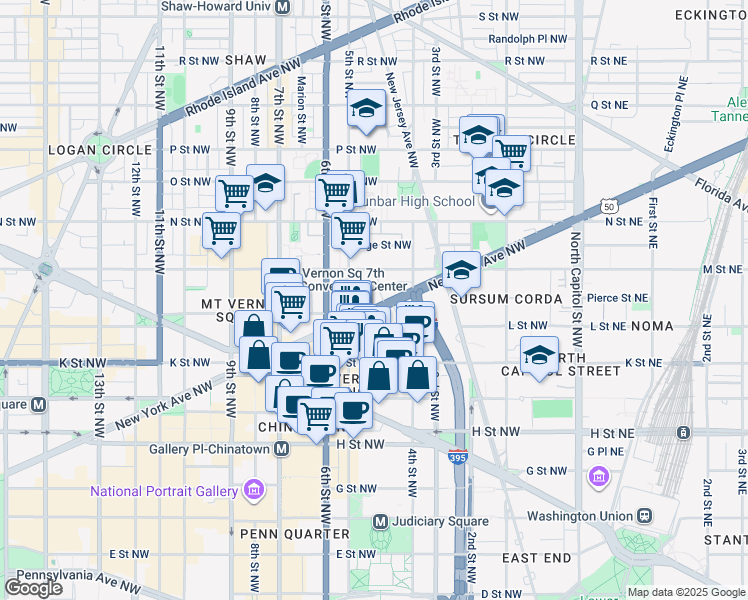 map of restaurants, bars, coffee shops, grocery stores, and more near 443 New York Avenue Northwest in Washington