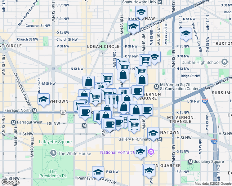 map of restaurants, bars, coffee shops, grocery stores, and more near 1115 12th Street Northwest in Washington