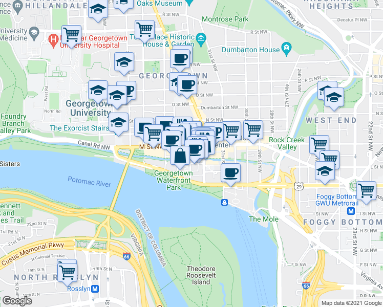 map of restaurants, bars, coffee shops, grocery stores, and more near 1080 Wisconsin Avenue Northwest in Washington
