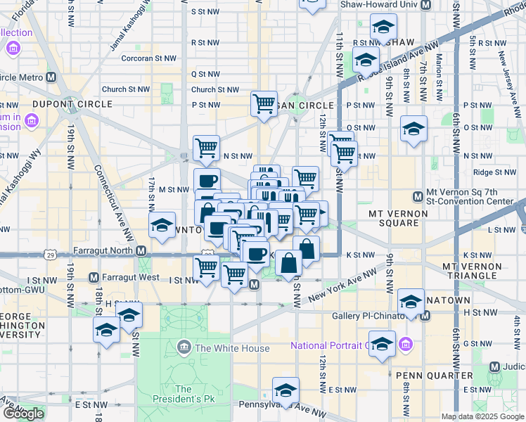 map of restaurants, bars, coffee shops, grocery stores, and more near 1121 14th Street Northwest in Washington