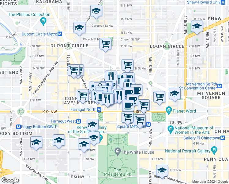 map of restaurants, bars, coffee shops, grocery stores, and more near 1128 16th Street Northwest in Washington