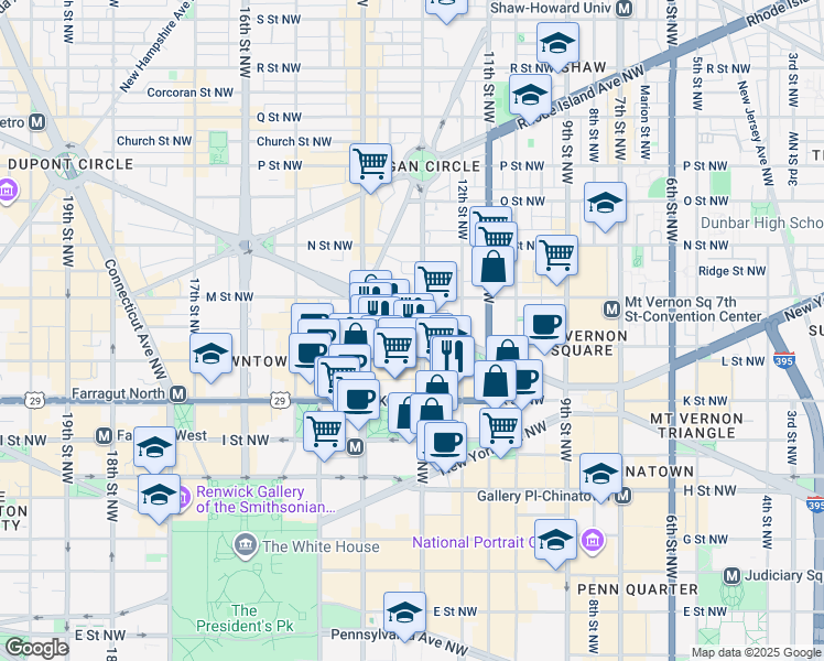 map of restaurants, bars, coffee shops, grocery stores, and more near 1300 Massachusetts Avenue Northwest in Washington