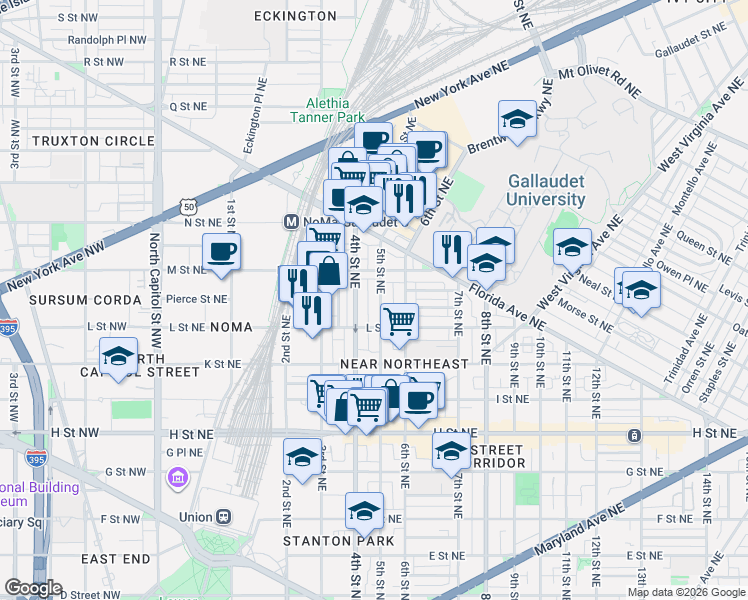 map of restaurants, bars, coffee shops, grocery stores, and more near 101 Independence Avenue Southeast in Washington