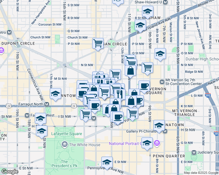 map of restaurants, bars, coffee shops, grocery stores, and more near 1300 Massachusetts Avenue Northwest in Washington