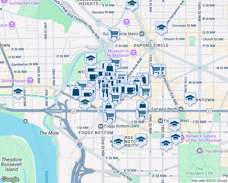 map of restaurants, bars, coffee shops, grocery stores, and more near 1177 22nd Street Northwest in Washington