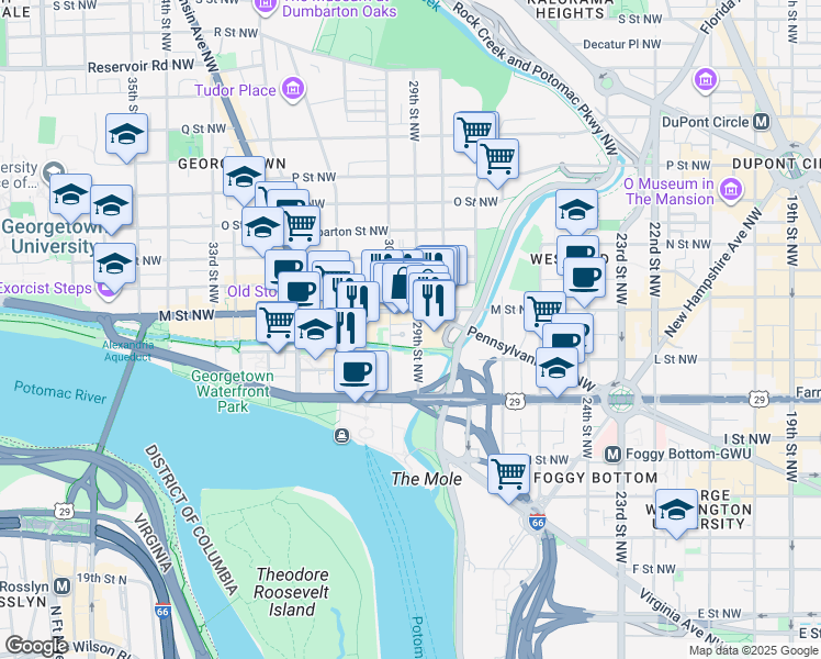 map of restaurants, bars, coffee shops, grocery stores, and more near 1111 30th Street Northwest in Washington