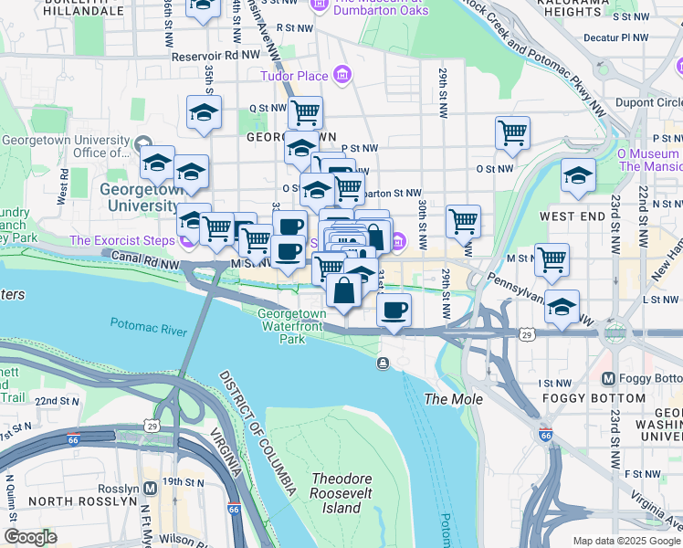map of restaurants, bars, coffee shops, grocery stores, and more near 1080 Wisconsin Avenue Northwest in Washington