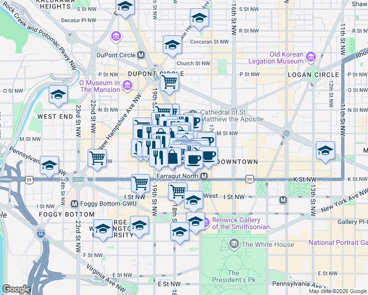 map of restaurants, bars, coffee shops, grocery stores, and more near 1130 Connecticut Avenue Northwest in Washington