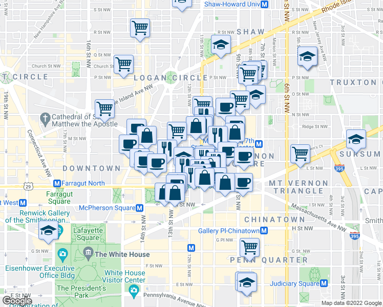 map of restaurants, bars, coffee shops, grocery stores, and more near 1115 Massachusetts Avenue Northwest in Washington