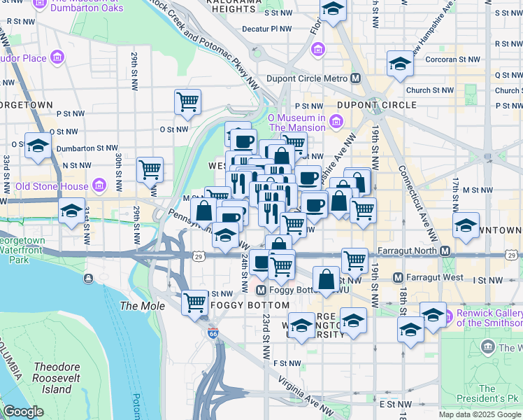 map of restaurants, bars, coffee shops, grocery stores, and more near 1140 23rd Street Northwest in Washington