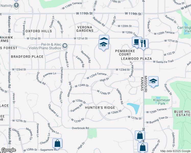 map of restaurants, bars, coffee shops, grocery stores, and more near 12329 High Drive in Leawood