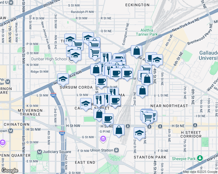 map of restaurants, bars, coffee shops, grocery stores, and more near 60 L Street Northeast in Washington