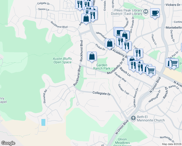 map of restaurants, bars, coffee shops, grocery stores, and more near 5042 Picket Drive in Colorado Springs