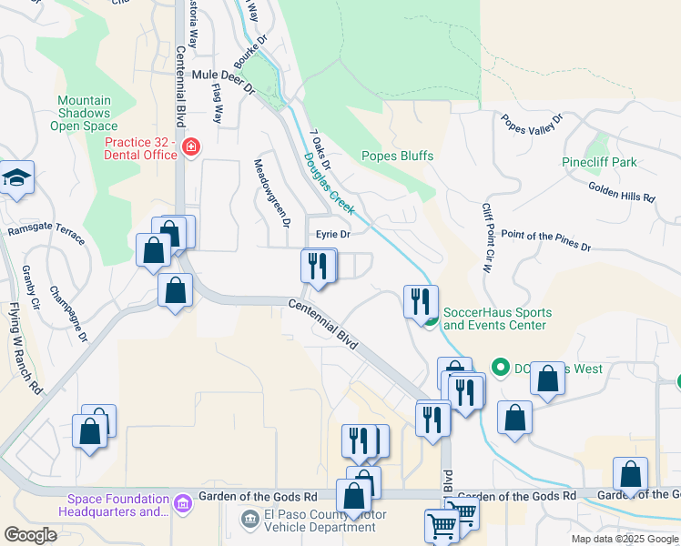 map of restaurants, bars, coffee shops, grocery stores, and more near 1660 Pinon Glen Circle in Colorado Springs