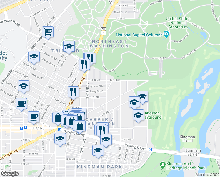 map of restaurants, bars, coffee shops, grocery stores, and more near 101 Independence Avenue Southeast in Washington